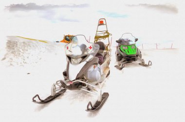 Oil paint on canvas. Picture with photo, imitation of painting. Illustration. Caucasus. Sochi. Special snowmobile for transporting victim in the mountains of people clipart