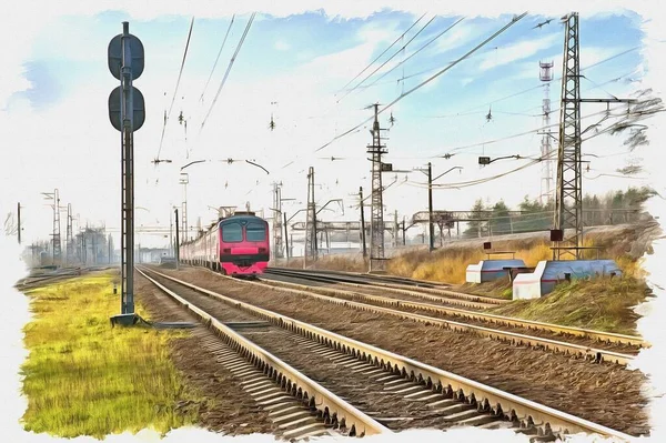 キャンバス上の油絵具 写真付きの画像 絵画の模倣 イラスト 衝突時の列車の終点のスタンド — ストック写真