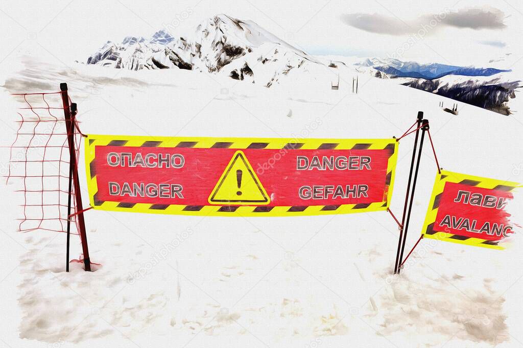 Oil paint on canvas. Picture with photo, imitation of painting. Illustration. Caucasus. Sochi. The poster says - Danger. Avalanches. Dangerous area
