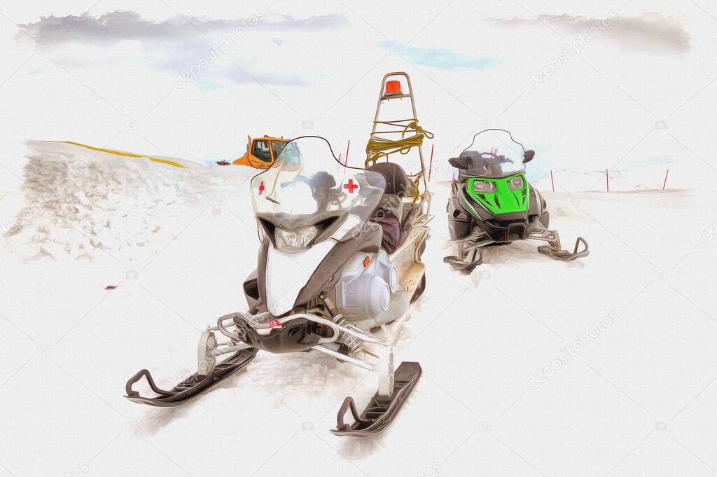 Oil paint on canvas. Picture with photo, imitation of painting. Illustration. Caucasus. Sochi. Special snowmobile for transporting victim in the mountains of people