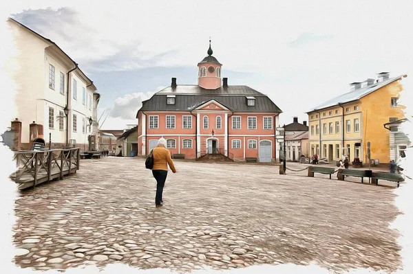帆布上的油画 图片与照片 模仿绘画 芬兰古城 城市景观 — 图库照片
