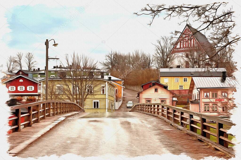 Oil paint on canvas. Picture with photo, imitation of painting. Illustration. Ancient Finnish city. Municipal landscape