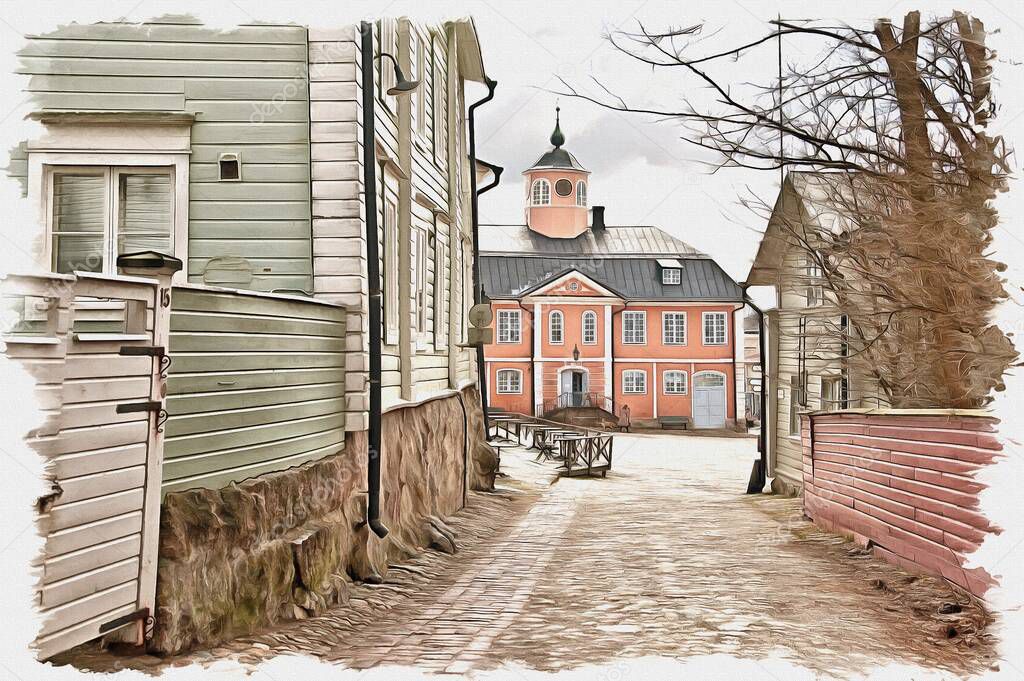 Oil paint on canvas. Picture with photo, imitation of painting. Illustration. Ancient Finnish city. Municipal landscape