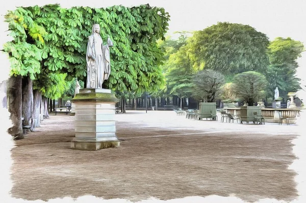 キャンバス上の油絵具 写真付きの画像 絵画の模倣 イラスト パリのリュクサンブール宮殿の公園の路地にある古代の彫刻 — ストック写真