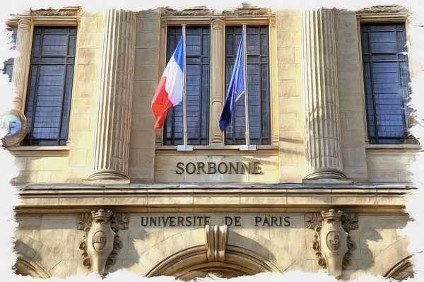 帆布上的油画 图片与照片 模仿绘画 佩带法国和欧洲联盟国旗的索邦大学立面 — 图库照片