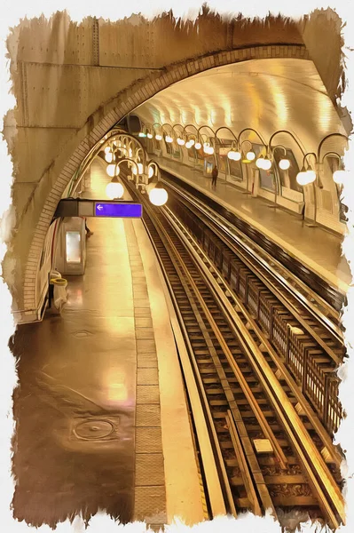 Oljefärg Duk Bild Med Foto Imitation Måleri Illustration Station Tunnelbana — Stockfoto