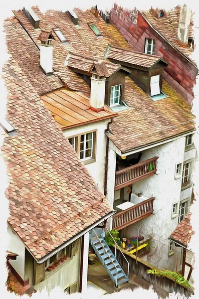 帆布上的油画 图片与照片 模仿绘画 伯尔尼市 历史中心的房屋和街道 — 图库照片