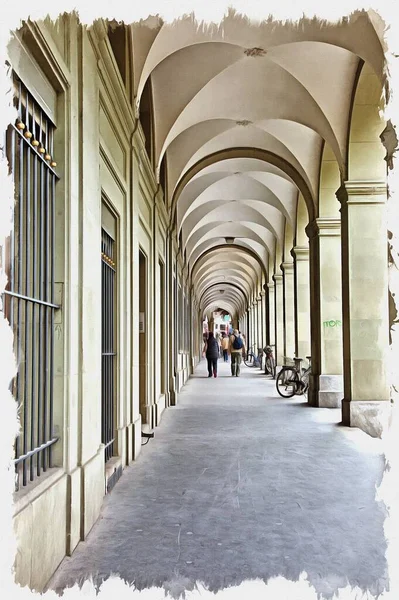 Oil paint on canvas. Picture with photo, imitation of painting. Illustration. Bern city. Houses and streets in the historic center, arcade along the street