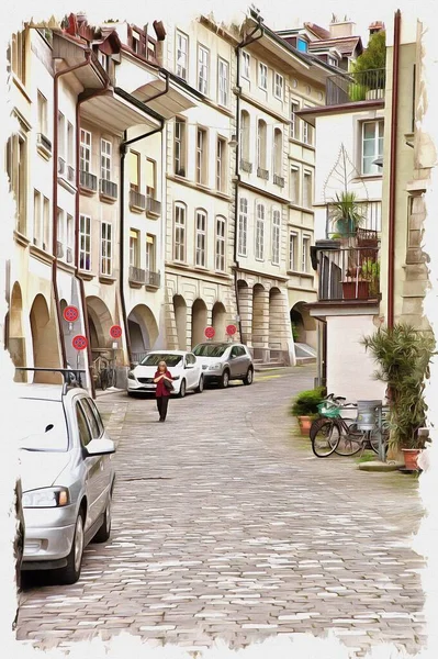 Oljefärg Duk Bild Med Foto Imitation Måleri Illustration Bern Stad — Stockfoto