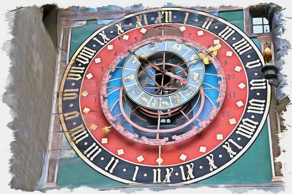 キャンバス上の油絵具 写真付きの画像 絵画の模倣 イラスト 有名なゾディアックウォッチCaspar Brunner 時計は1530年に設置され ベルン市内の主要時計であった — ストック写真