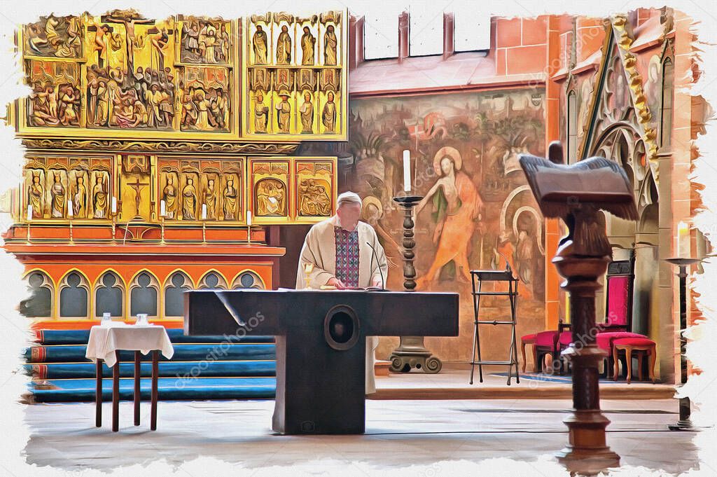 Oil paint on canvas. Picture with photo, imitation of painting. Illustration. Imperial cathedral of saint Bartholomew. A pastor reads prayer on a background an ancient iconostasis