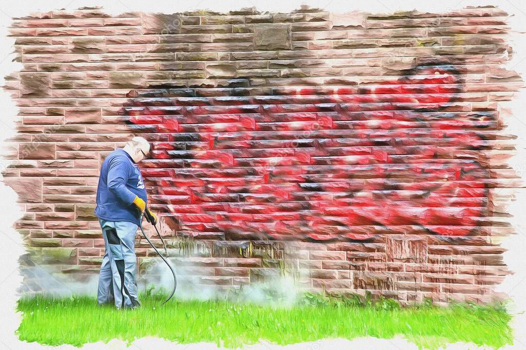Oil paint on canvas. Picture with photo, imitation of painting. Illustration. Worker of municipal service of city cleans a wall from graffiti