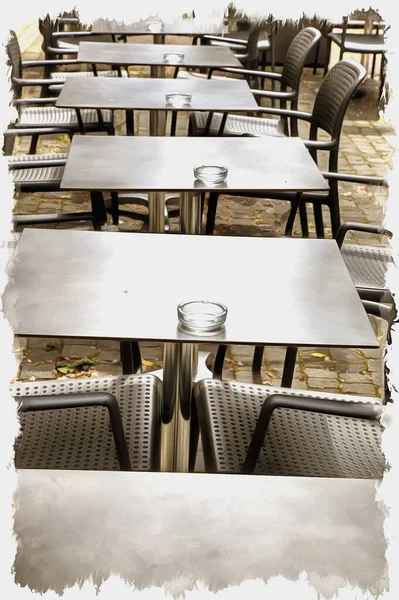 キャンバス上の油絵具 写真付きの画像 絵画の模倣 イラスト ジュネーヴ 市内のカフェできれいな灰皿と空のテーブル — ストック写真