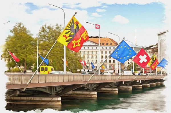 Olejomalba Plátně Obrázek Fotkou Imitace Obrazu Ilustrace Most Vlajkami Státu — Stock fotografie
