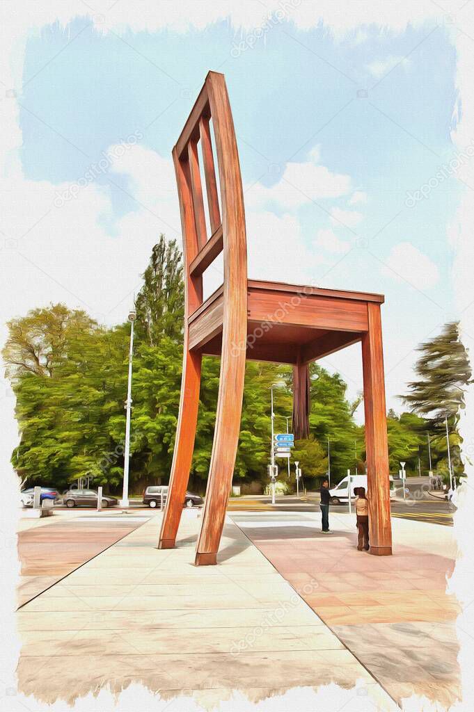Oil paint on canvas. Picture with photo, imitation of painting. Illustration. Enormous broken chair on Area of Nations before the representative office of the UN office. Symbol of prohibition of cassette bombs