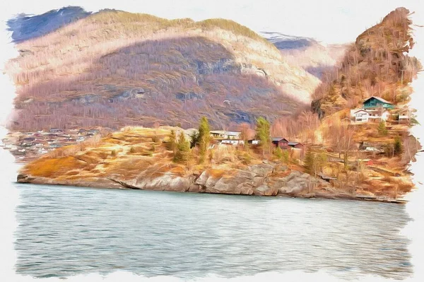 Oljefärg Duk Bild Med Foto Imitation Måleri Illustration Fjord Sognefjord — Stockfoto