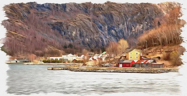 Olieverf Doek Foto Met Foto Imitatie Van Schilderkunst Illustratie Fjord — Stockfoto