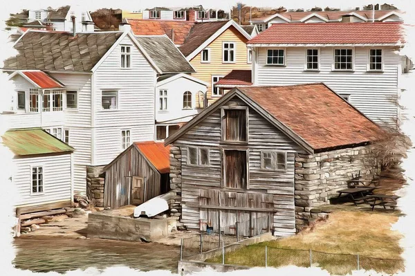帆布上的油画 图片与照片 模仿绘画 Fjord Sognefjord 水边的一排排小房子 — 图库照片