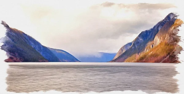 帆布上的油画 图片与照片 模仿绘画 Fjord Sognefjord 挪威最长峡湾全景 — 图库照片