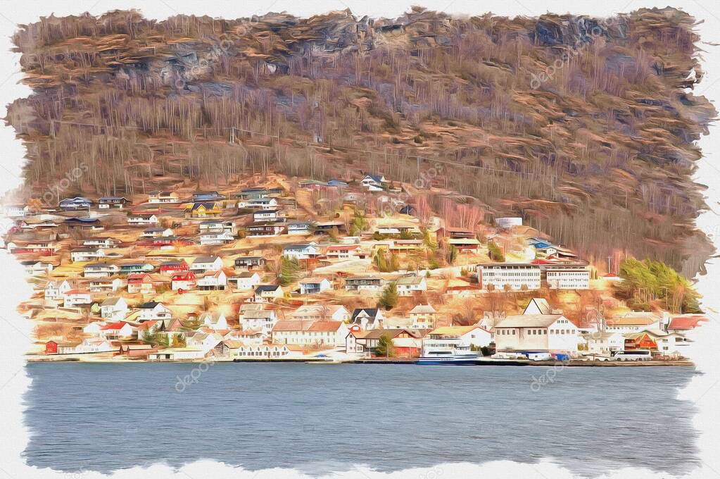 Oil paint on canvas. Picture with photo, imitation of painting. Illustration. Fjord Sognefjord. Row of little dwellings houses at to the edge of water