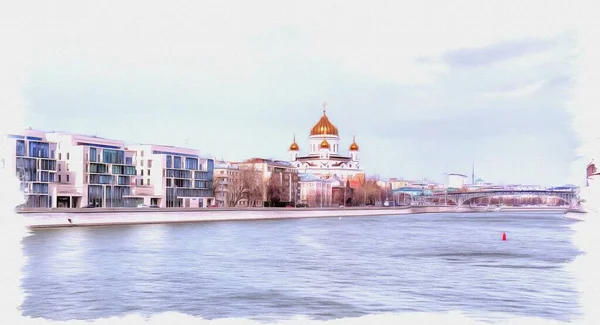 帆布上的油画 图片与照片 模仿绘画 从Moskva河中看到救世主基督大教堂 — 图库照片