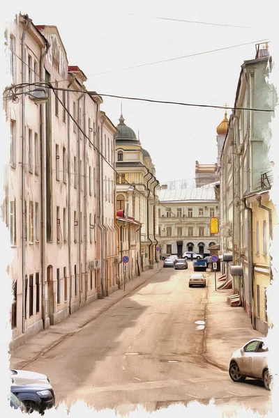 帆布上的油画 图片与照片 模仿绘画 市中心区有古代商厦的Lebyazhiy街 — 图库照片