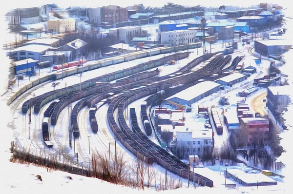 キャンバス上の油絵具 写真付きの画像 絵画の模倣 イラスト ムルマンスク市内の貨物鉄道駅 — ストック写真