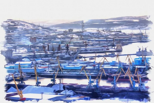 帆布上的油画 图片与照片 模仿绘画 在巴伦支海科拉湾的城市货运港停泊的海船和拖船 — 图库照片