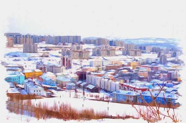 Oil Paint Canvas Picture Photo Imitation Painting Illustration Polar City — Stock Photo, Image