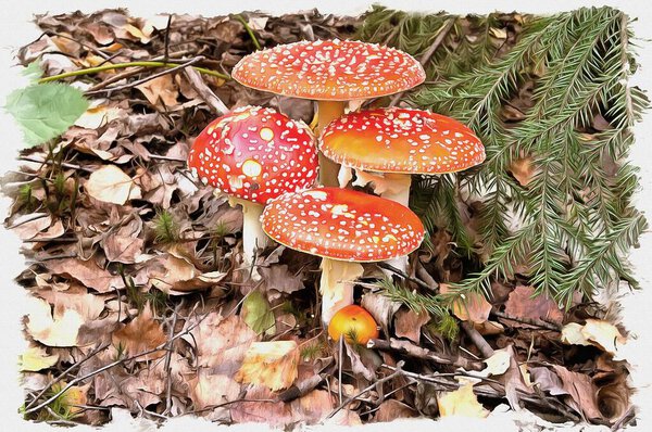 Холст, масляная краска. Фото с фотографией, имитация живописи. Иллюстрация. Гриб Аманита в естественной среде обитания
