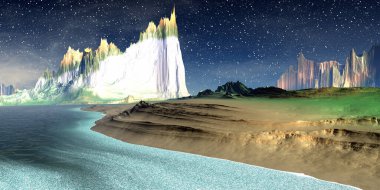 Fantezi uzaylı gezegeni. Dağ ve göl. 3B illüstrasyon