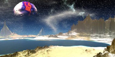 Fantezi uzaylı gezegeni. Dağ ve göl. 3B illüstrasyon