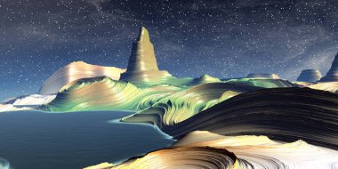 Fantezi uzaylı gezegeni. Dağ ve göl. 3B illüstrasyon