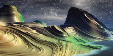 Fantezi uzaylı gezegeni. Dağ ve göl. 3B illüstrasyon