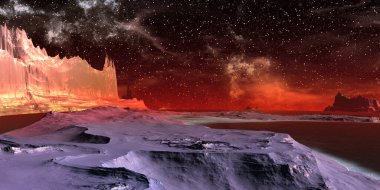 Fantezi uzaylı gezegeni. Dağ ve göl. 3B illüstrasyon