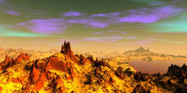 Fantezi uzaylı gezegeni. Dağ ve göl. 3B illüstrasyon