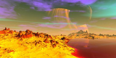 Fantezi uzaylı gezegeni. Dağ ve göl. 3B illüstrasyon