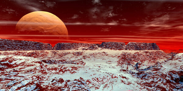 Фантазия инопланетной планеты. Гора. 3D иллюстрация