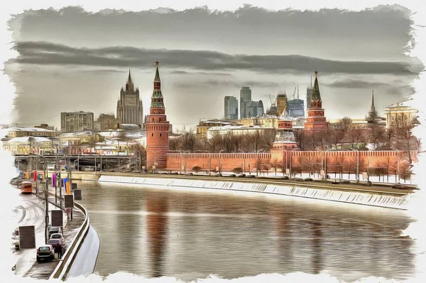 帆布上的油画 图片与照片 模仿绘画 莫斯科的城市景观 克里姆林宫和莫斯科瓦河的风景 — 图库照片