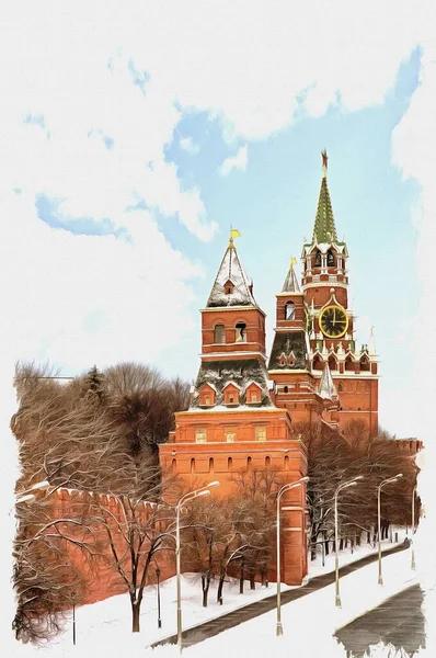 Oil Paint Canvas Picture Photo Imitation Painting Illustration Moscow Cityscape — Stock Photo, Image