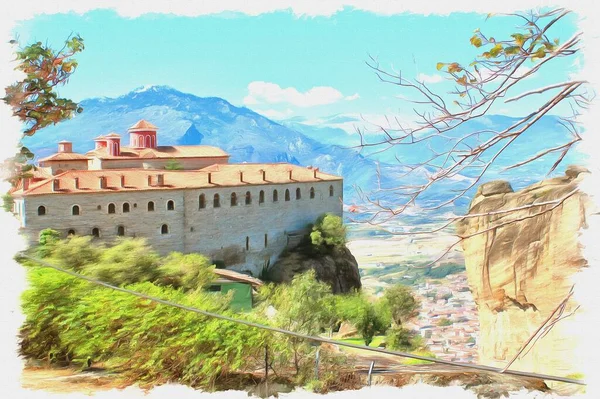 キャンバス上の油絵具 写真付きの画像 絵画の模倣 イラスト 修道院岩の上に修道院複合体Meteora — ストック写真