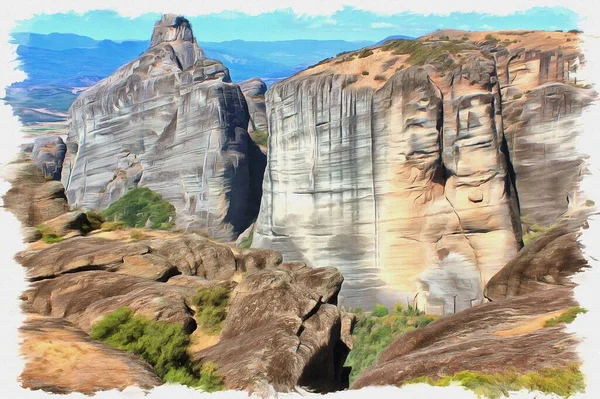 Olejomalba Plátně Obrázek Fotkou Imitace Obrazu Ilustrace Řecko Scénická Meteora — Stock fotografie