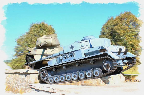 Oljefärg Duk Bild Med Foto Imitation Måleri Illustration Monument Tank — Stockfoto