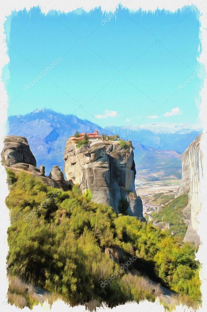Oil paint on canvas. Picture with photo, imitation of painting. Illustration. Monastery on the top of rock in a monasterial complex Meteora