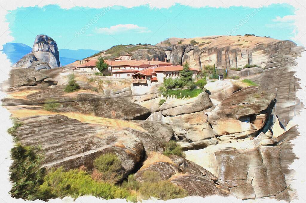 Oil paint on canvas. Picture with photo, imitation of painting. Illustration. Monastery on the top of rock in a monasterial complex Meteora