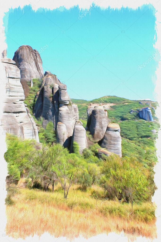 Oil paint on canvas. Picture with photo, imitation of painting. Illustration. Greece. The scenic Meteora Rocks