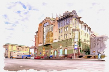 Tuval üzerine yağlı boya. Fotoğraflı resim, resmin taklidi. İllüzyon. Şehrin tarihi merkezinde Lubyanka Meydanı 'ndaki son moda alışveriş merkezi. Moskova şehri