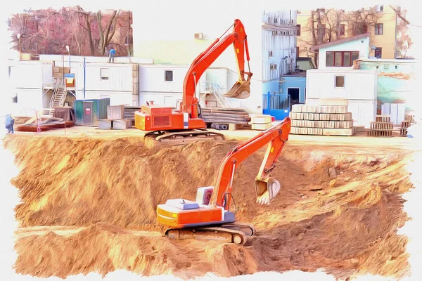 Oil Paint Canvas Picture Photo Imitation Painting Illustration Excavators Digging — Stock Photo, Image