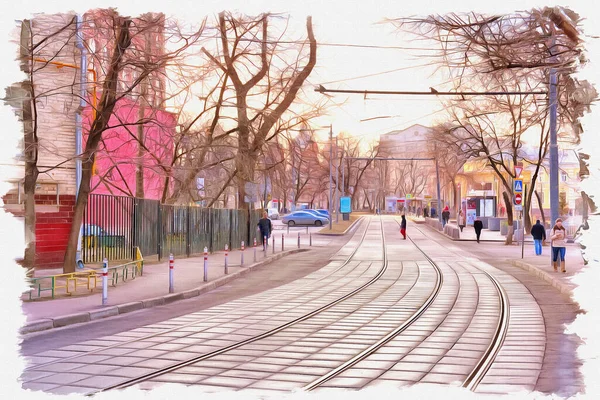 Oil Paint Canvas Picture Photo Imitation Painting Illustration Tram Rails — Stock Photo, Image