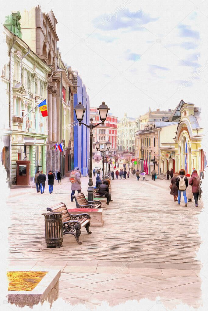 Oil paint on canvas. Picture with photo, imitation of painting. Illustration. Kuznetsky Most street in the historical center of city. Moscow city